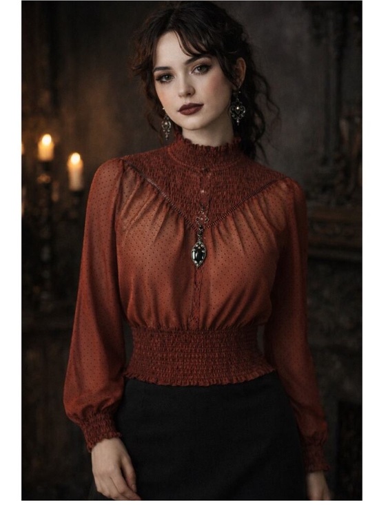 Zara Tops - ZARA Burgundy High Neck Sheer Blouse Cinched Waist Whimsigoth Size Small